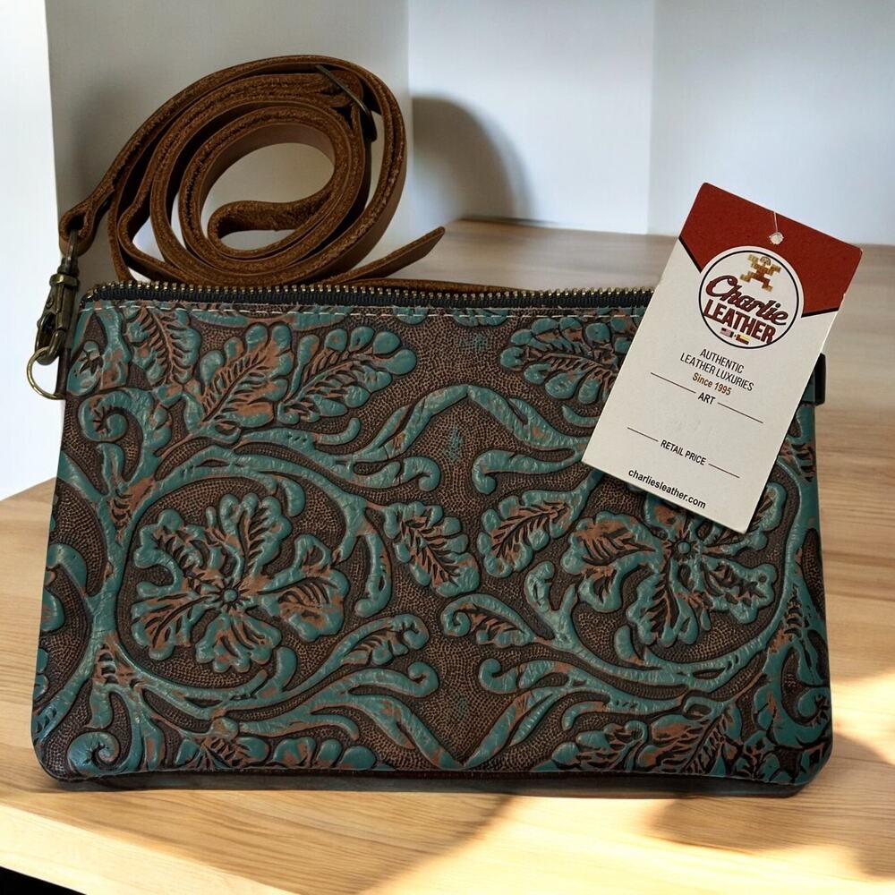 Charlie Western Turquoise Embossed Brown Leather Crossbody Soft Boho Handbag NWT